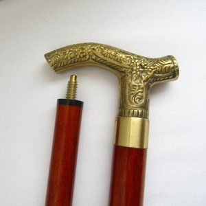 Vintage Wood & Brass Walking Cane, Stick, Two Section / Break Down - Threaded